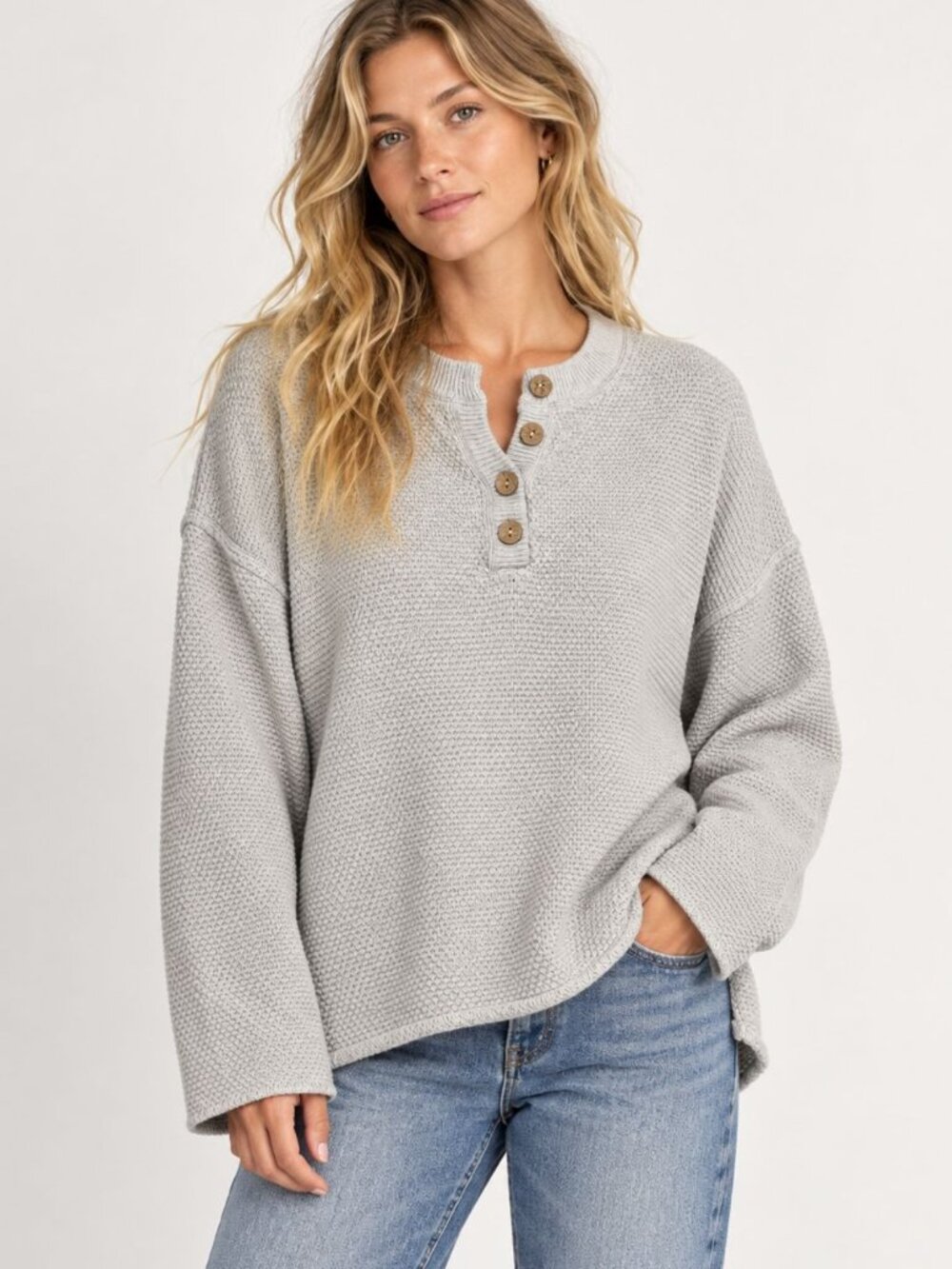 Free People FP Beach Sweater Womens L Gray Textured Knit Henley Cotton Boxy